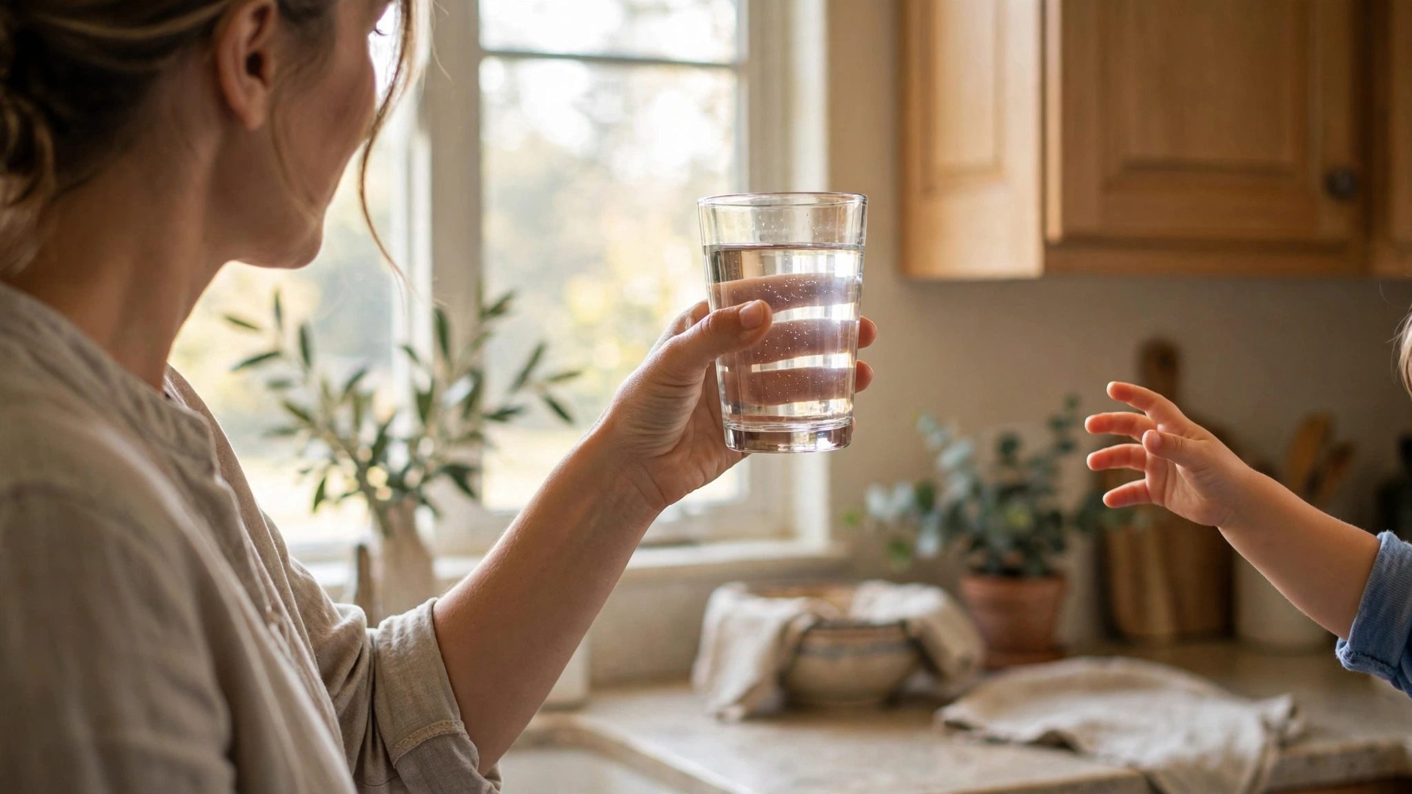 A parent holding a glass of tap water up to the light, wondering